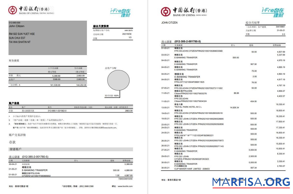 Realistic Hong Kong Bank of China (Hong Kong) bank statement word 3 pages example